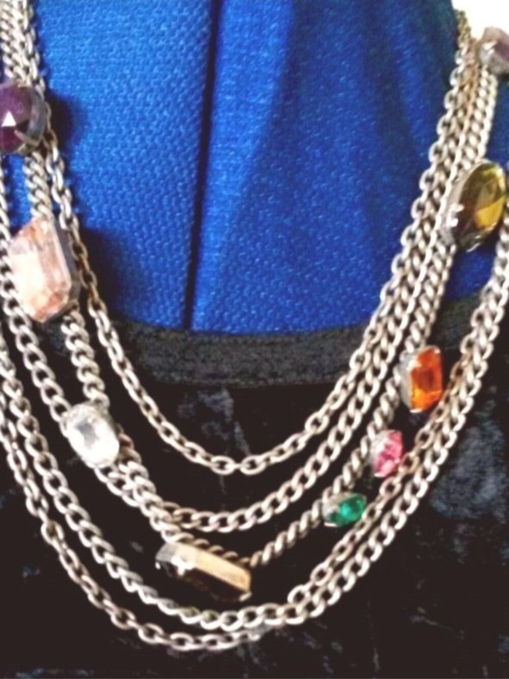 5 chains multi layer silver tone multicolor rhinestones costume necklace